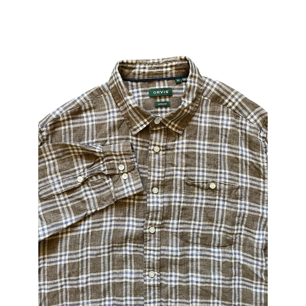 Orvis Shirt Mens XL Button Down 100% Linen XL Brown Tartan Plaid (Small Hole)